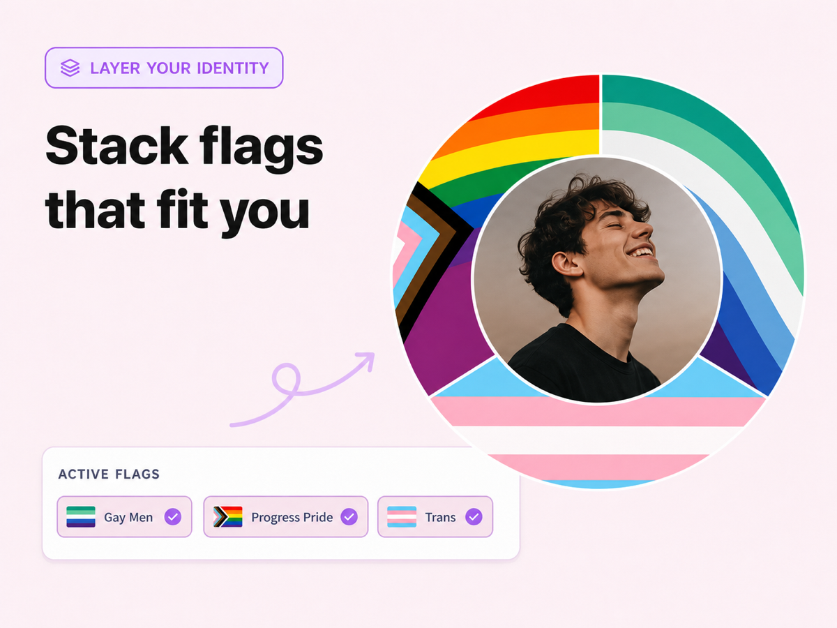 Gay flag layered with Progress Pride and Trans flags on one avatar