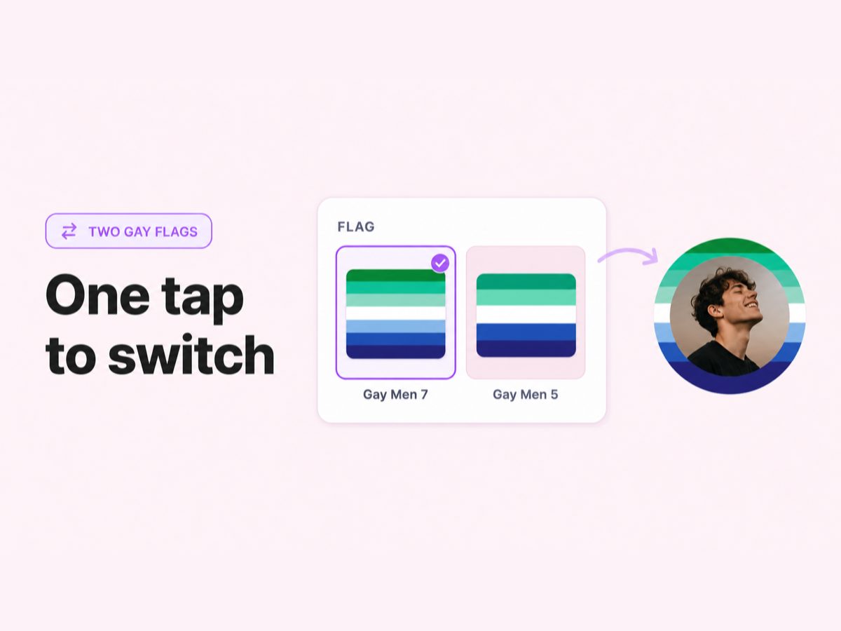 Gay men pride flag seven-stripe and five-stripe versions side by side