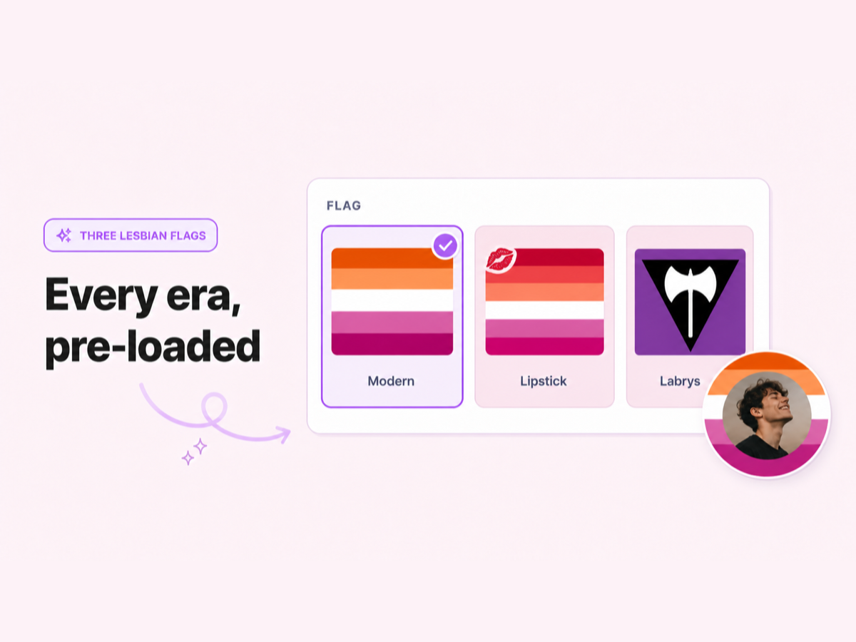 Three lesbian flag designs: orange-pink, lipstick, and labrys